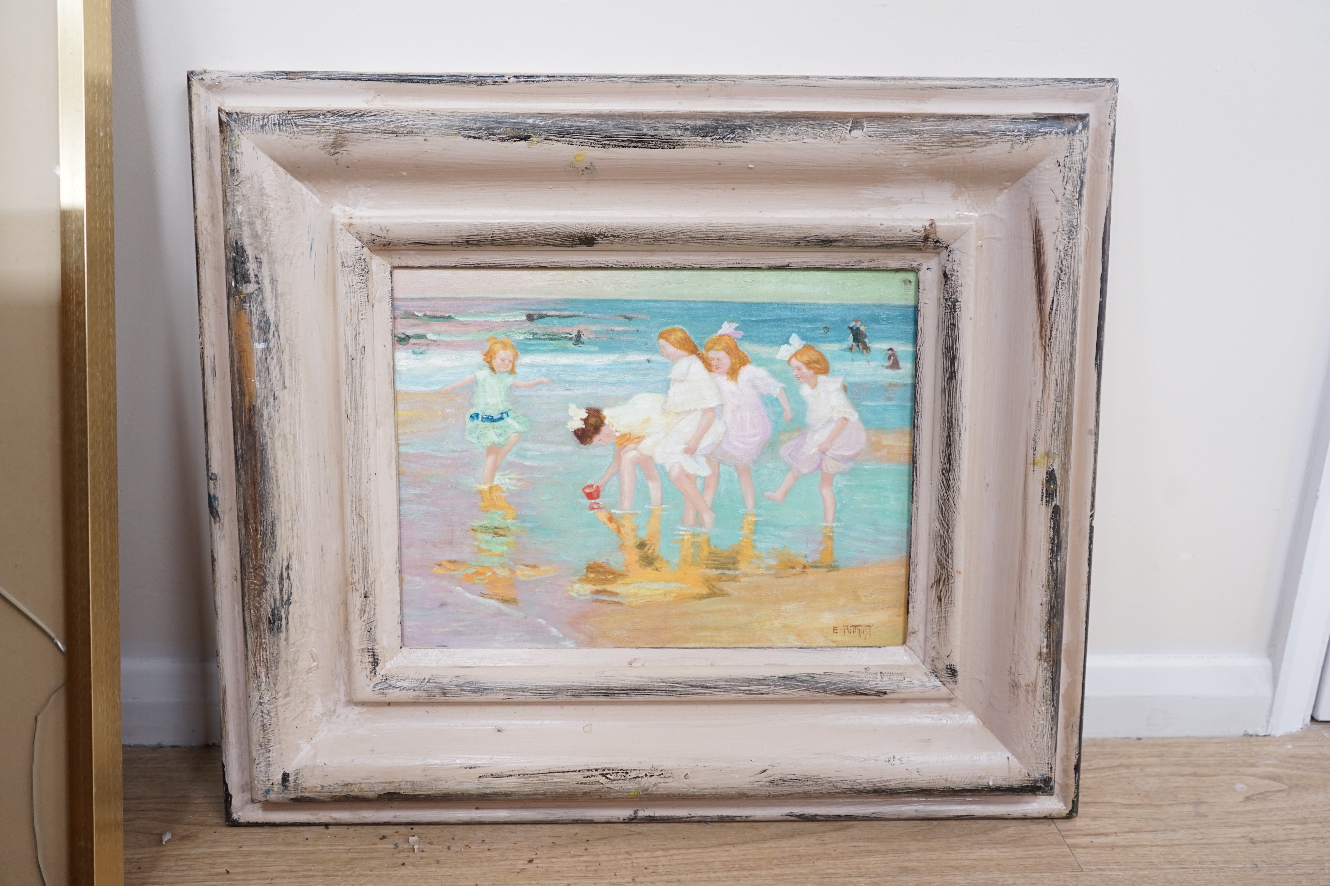 After Edward Henry Potthast (1857-1927), oil on board, figures on a beach, 39cm x 29cm